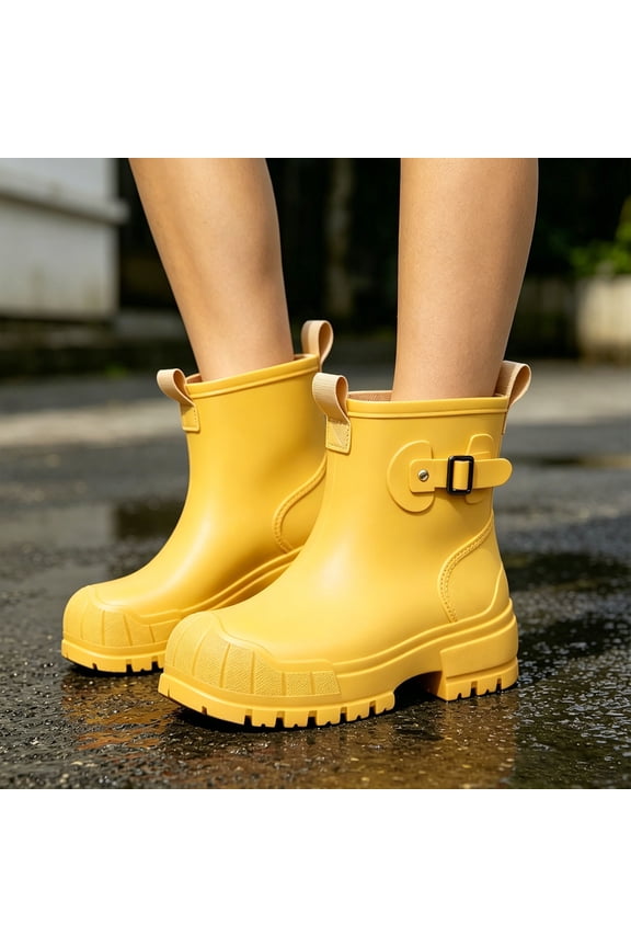Womens Ankle Rain Boots Dual Rear Pull Tabs Reinforced Toe Cap Chunky Tread Chunky Sole Non Slip Waterproof Rubber Wellies Yellow 41