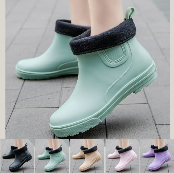 Womens Ankle Rain Boots Waterproof Anti-Slip Rainboots Cotton Lining Garden Boots Keep Warm Work Fishing Boots For Outdoor