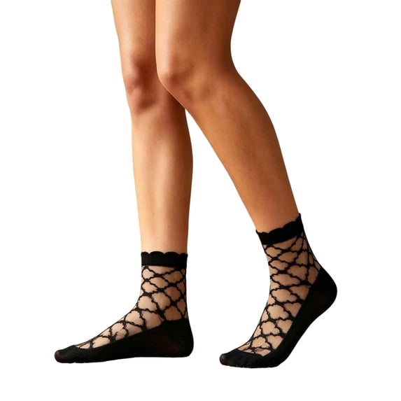 Womens Ankle Sheer Mesh Socks Transparent Embroidered Lace Sock Spring Summer Fashion Thin Floral See Through Socks Black 2 Free Size