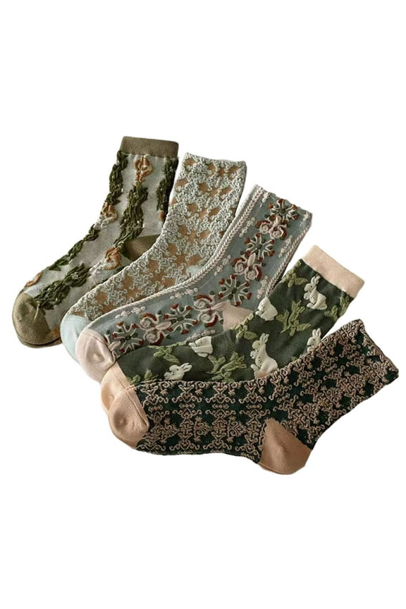 Womens Ankle Socks 5 pairs Popularate Vintage Embroidered Floral Socks Comfortable Mid Calf Army Green Women Socks One Size
