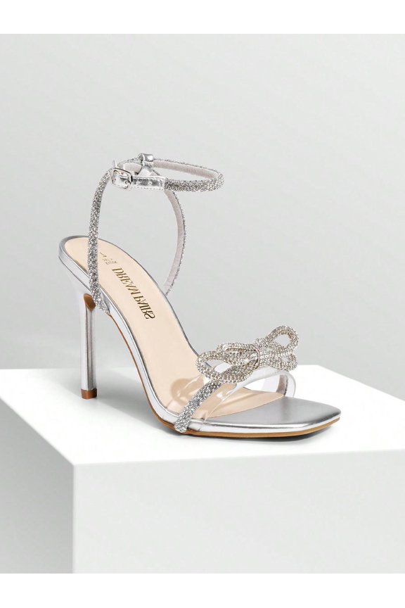 Womens Ankle Strap Sandals Bowknots Crystal Heeled Square Toe Rhinestone Decor Sweet-Meets-Sassy Styles for Autumn Party Wedding Prom