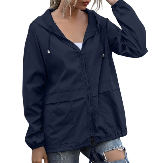 Womens Anorak Jacket Solid Color Zip Up Pockets Contrast Design Hooded Long Sleeve Outdoor Blue M