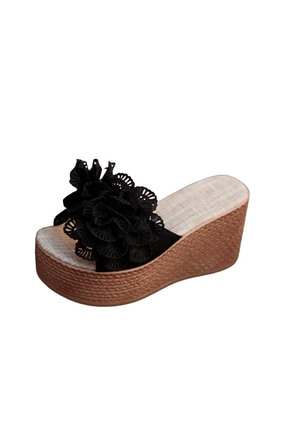 Womens Applique Flower Wedge SIides Sandals Platform Open Toe Slip On One Band Wedges Shoes Party Date Shopping