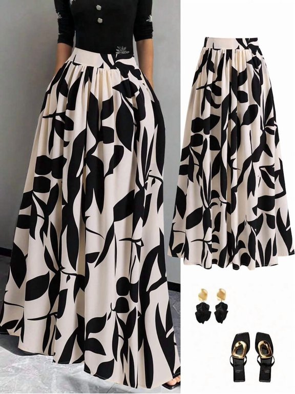 Womens Apricot And Black Leaf Print High Waist A-Line Maxi Skirt, Flowing Summer Holiday Skirt