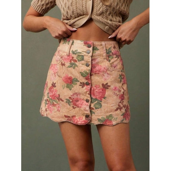 Womens Apricot Floral Print High-Waist Scalloped Button-Front A-Line Denim