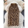 thumbnail image 1 of Womens Apricot Leopard Print Corduroy Pencil Skirt With Belt And Front Slit, 1 of 4