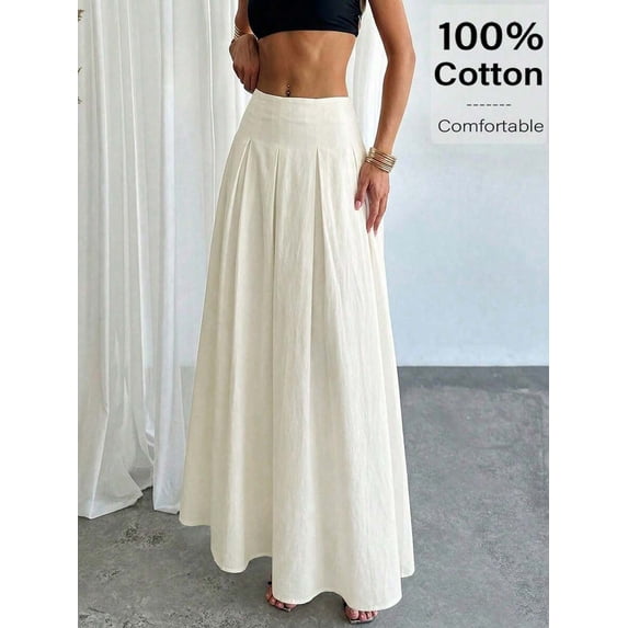 Womens Apricot Pleated Maxi Skirt 100% Cotton Comfortable Flowing A-Line