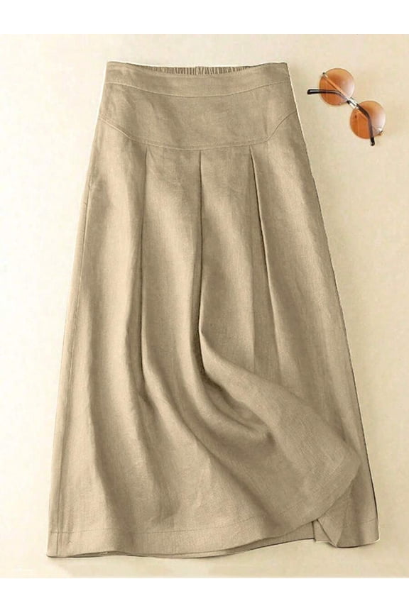 Womens Apricot Solid A-Line Pleated Skirt, Casual Daily Wear, All-Season