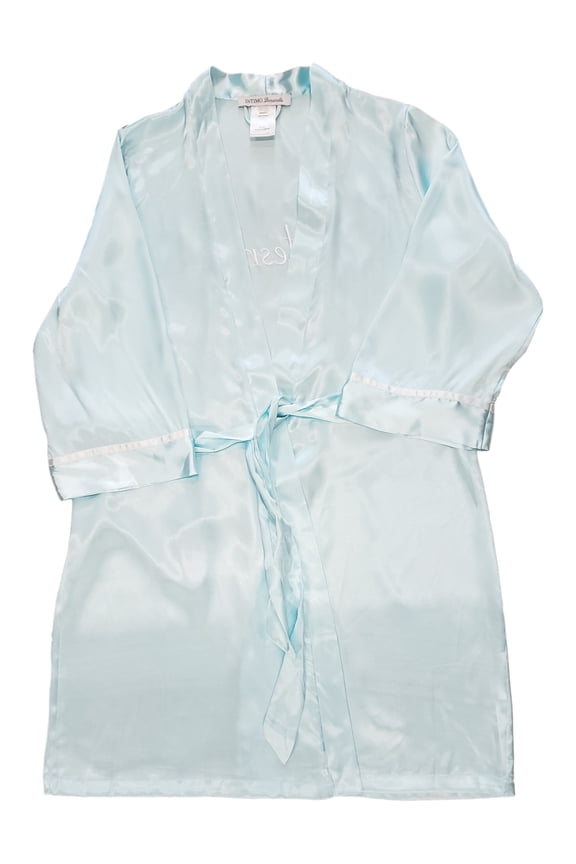 Womens Aqua Blue Lightweight Bridesmaid Robe White Trim Rhinestone Gem Gift L