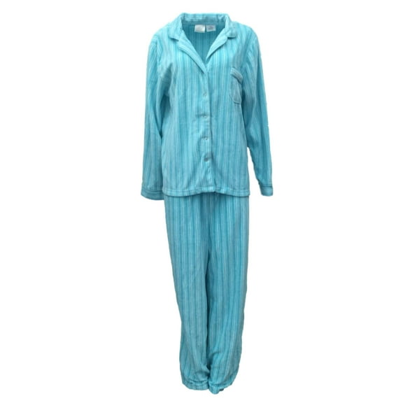 Womens Aqua Blue Stripes Fleece Pajamas PJs Set Sleep Set