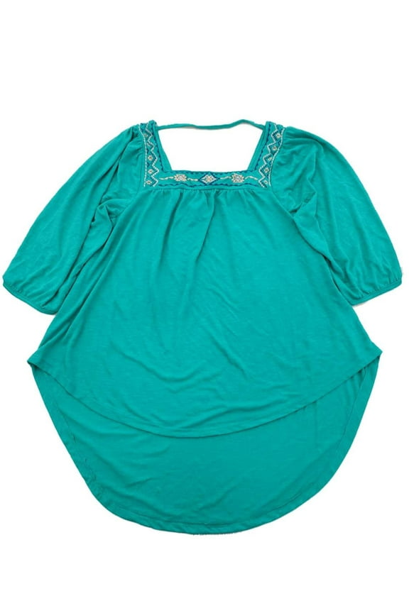 Womens Aqua Embroidered Square Neck Dressy Shirt Top Blouse S