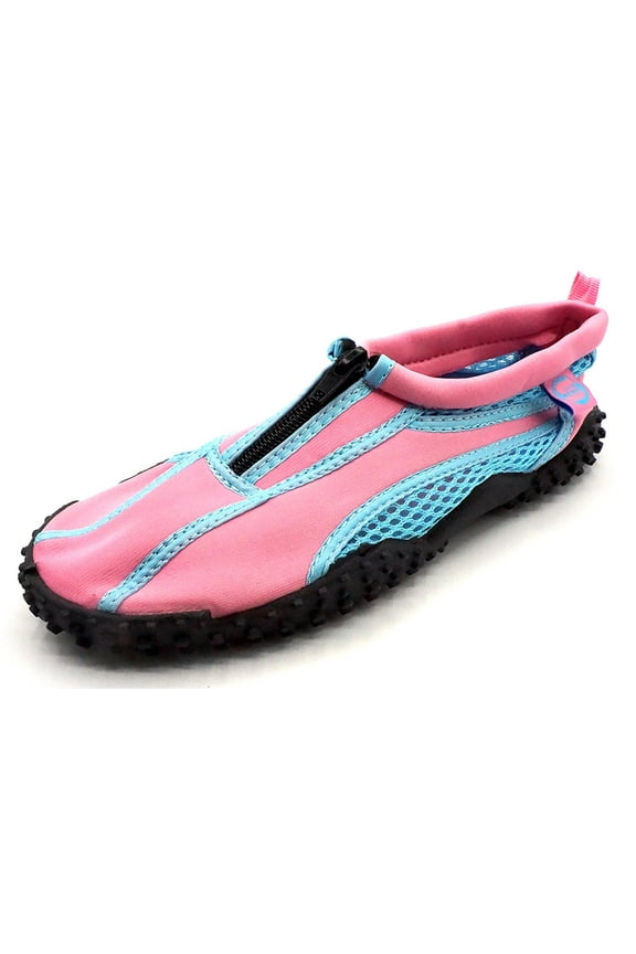 Womens Aqua Sock Wave Water Shoes with Zipper- Waterproof Slip-Ons for Pool, Beach and Sports, Pink/Blue, Size: 5, S7