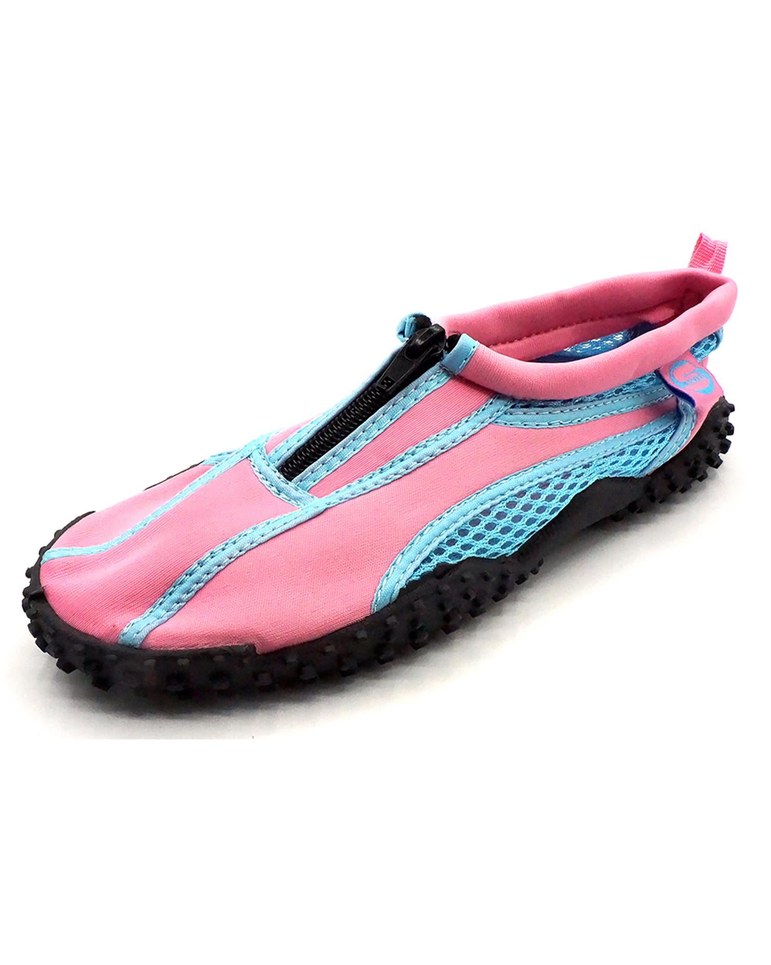 Womens Aqua Sock Wave Water Shoes with Zipper- Waterproof Slip-Ons for Pool, Beach and Sports, Pink/Blue, Size: 9, S7