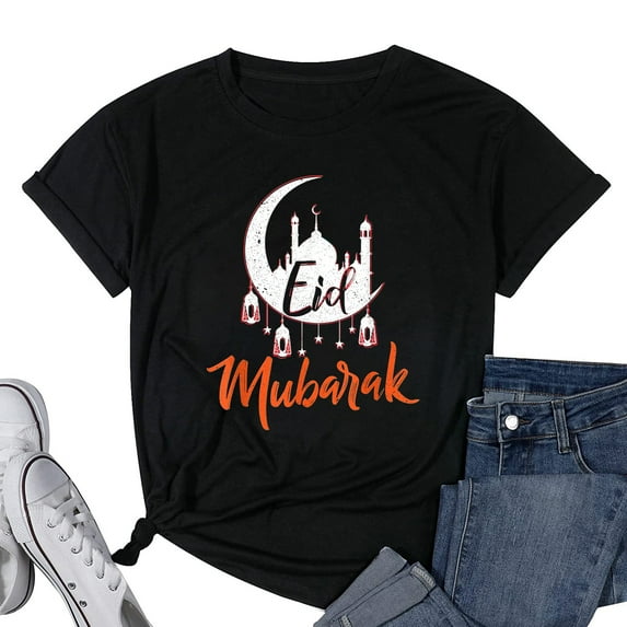 Womens Arabic Eid Mubarak Eid al-Fitr Celebration Ramadan Fasting T-Shirt Black Small