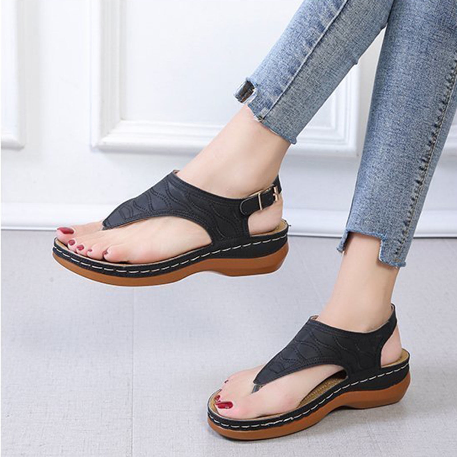 Womens Arch Support Sandals Orthotic Adjustable Thong Flip Flops Beach  Shoes Ankle T-Strap Casual Summer Gladiator Thong Flat Sandals
