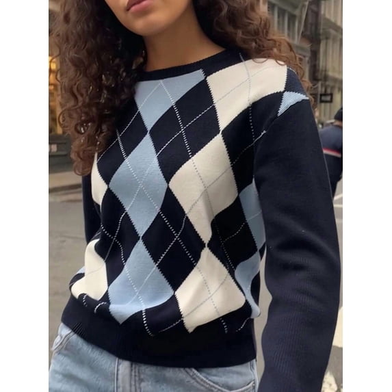Womens Argyle Knit Crew Neck Sweater, Vintage Preppy Multicolor Diamond