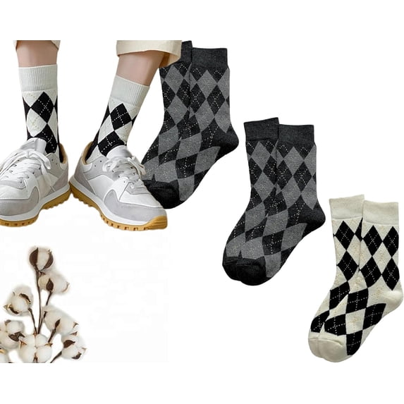 Womens Argyle Socks Casual Running Athletic White Grey Brown Plaid Crew Socks Size5-9