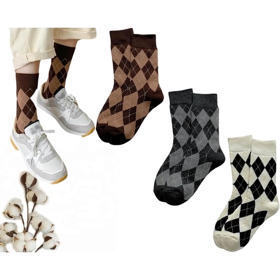 Womens Argyle Socks Casual Running Athletic White Grey Brown Plaid Crew Socks Size5-9