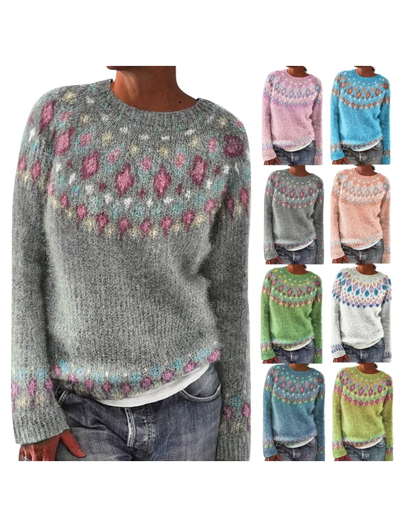 Womens Argyle Vintage Pullover Sweaters Winter Fall Stripes Casual Loose Long Sleeve Knitted Sweater Tops Green L