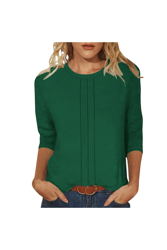 Womens Army Green 3/4 Sleeve Relaxed Fit Top with Pleats, Casual Crew Neck Blouse, Soft Stretch Wrinkle-Resistant for Work & Everyday,Size M