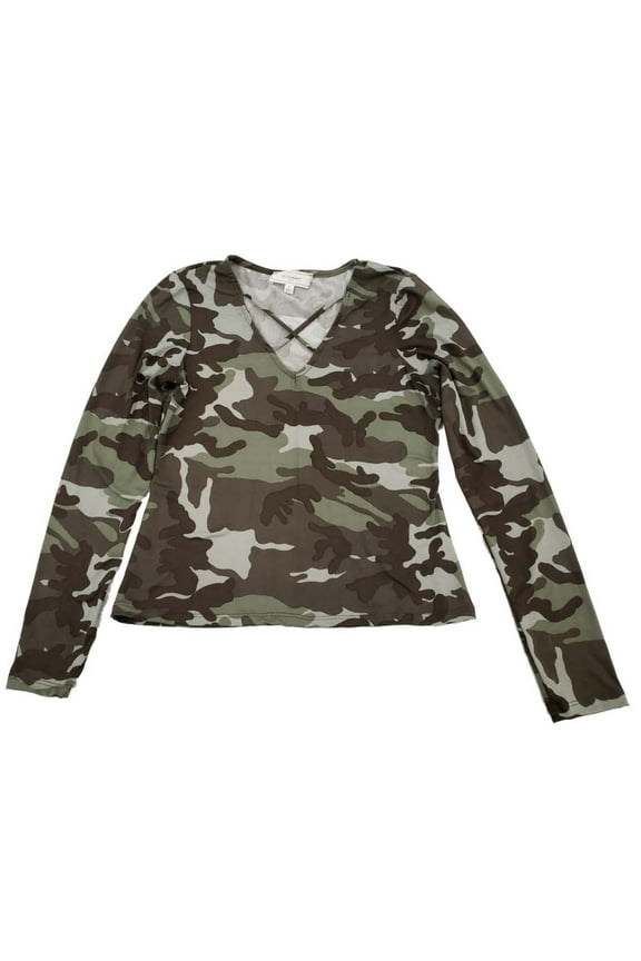 Womens Army Green Camo Print V Neck Long Sleeve T-Shirt Tee Shirt Top 1X