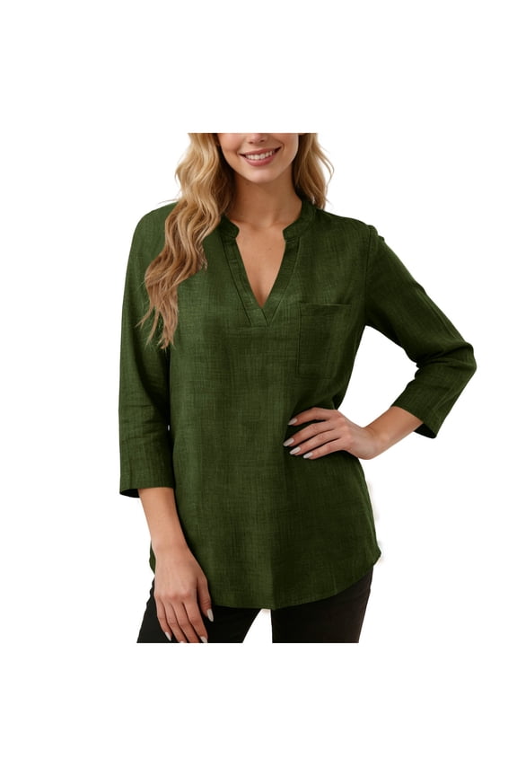 Womens Army Green Tunic Top Long Sleeve Loose Fit V-Neck Blouse, Casual Work Shirt with Pocket, Wrinkle Free Polyester for Travel & Leggings,Size 2XL