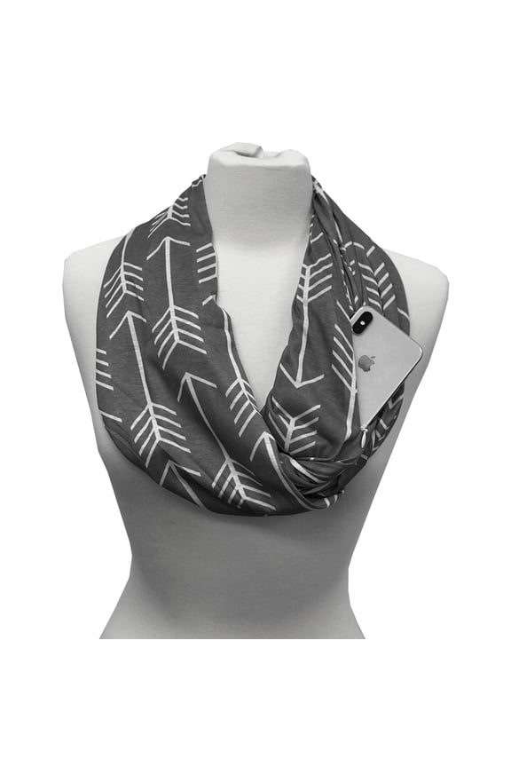 Women's Infinity Scarf with Hidden Zipper Pocket & Pattern Print Arrow (Grey)