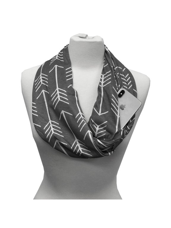 Women's Infinity Scarf with Hidden Zipper Pocket & Pattern Print Arrow (Grey)