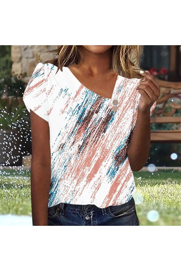 Womens Artistic Crayon Wash Top Abstract Gradient Color Block Design - Unique Asymmetric Neck Work & Leisure Blouse