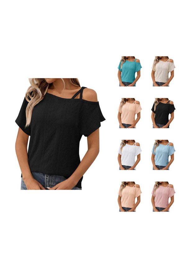 Womens Asymmetric Neck Hollow Out Textured T-Shirts for Women Casual Wear Womens Tops Casual Fashion Clothing Y2K Tops Spring Fashion for Ladies