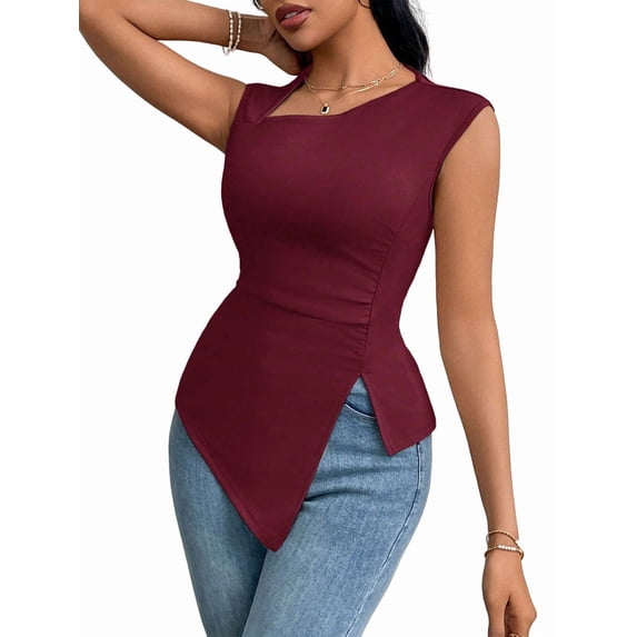 Womens Asymmetric Neck Slim Fit Cropped Solid Color Tshirt Elegant Basic Top Casual Chic Tee Chestnut Red M