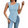 thumbnail image 1 of Womens Asymmetric Neck Slim Fit Cropped Solid Color Tshirt Elegant Basic Top Casual Chic Tee Light Blue S, 1 of 9