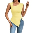 thumbnail image 1 of Womens Asymmetric Neck Slim Fit Cropped Solid Color Tshirt Elegant Basic Top Casual Chic Tee Light Yellow M, 1 of 9