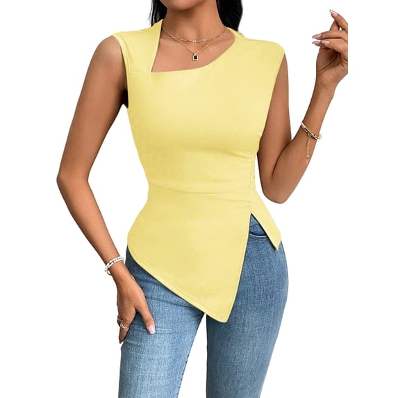 Womens Asymmetric Neck Slim Fit Cropped Solid Color Tshirt Elegant Basic Top Casual Chic Tee Light Yellow M