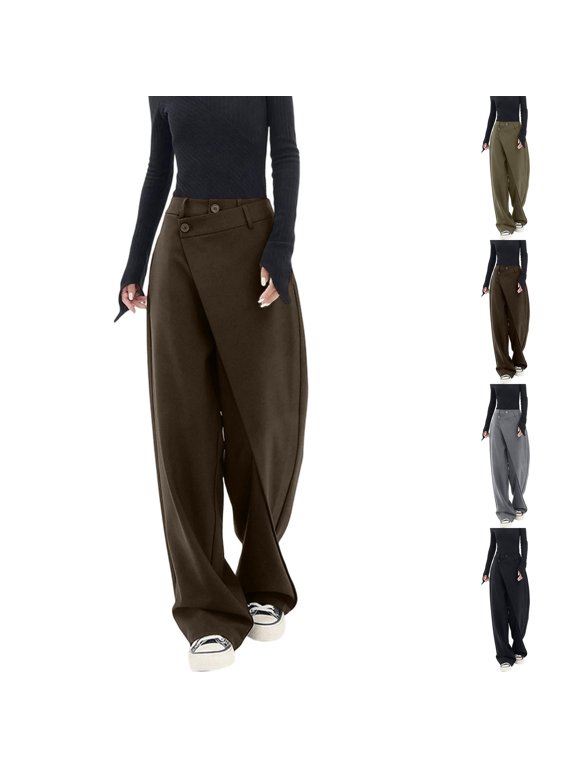 Womens Asymmetric Wrap Waist Wide Leg Dress Pants Sevevn Cross Over Button Fly Draped Relaxed Fit Trousers for Office Work Business Casual Wear