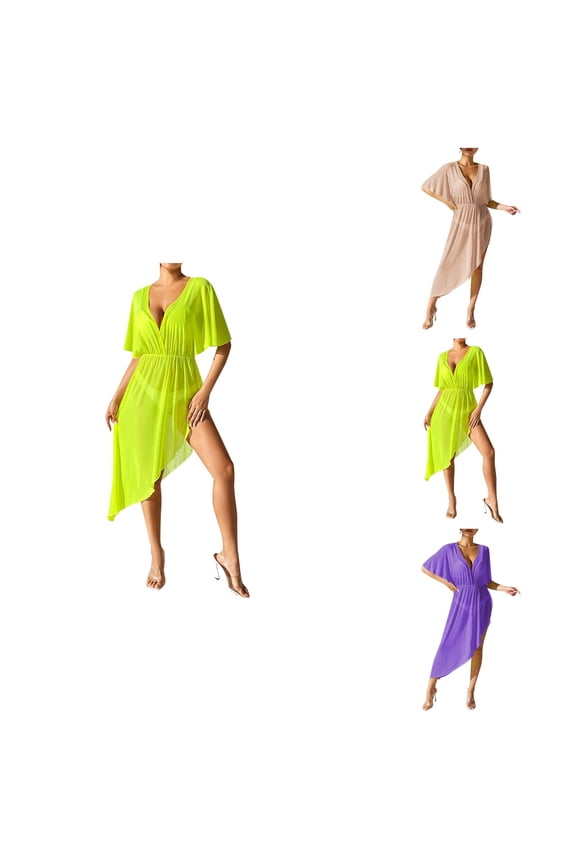Womens Asymmetrical Hem Sheer Beach Cover Up Dress with Batwing Sleeves, Waist Tie Maxi Mesh Swimsuit Coverup