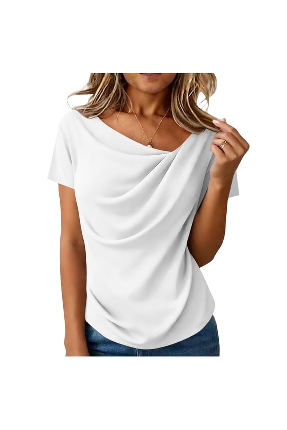 Womens Asymmetrical Neck Blouse Short Sleeve Ruched Draped Front Shirts Solid Tunic Elegant Everyday Top
