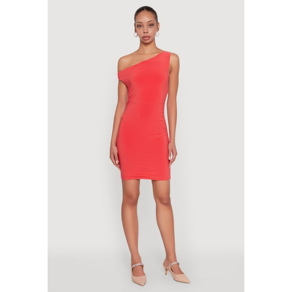 Womens Asymmetrical Shoulder Ruched Side Mini Dress