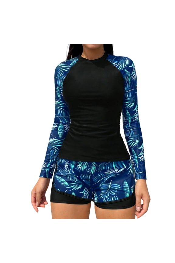 Womens Athletic 2 Piece Tankini Swimsuits Long Sleeve Surfing Shirt with Boyshorts Bathing Suits Tummy Control