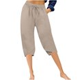 thumbnail image 1 of Womens Athletic Capris Casual Active Running Gym Pants High Waist Drawstring Cotton Linen Capri Pants with Pockets, 1 of 5