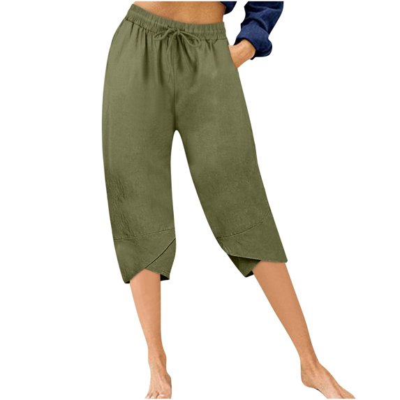 Womens Athletic Capris Casual Active Running Gym Pants High Waist Drawstring Cotton Linen Capri Pants with Pockets