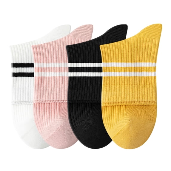 Womens Athletic Crew Socks 4-Pack Ribbed Knit Design Contrast Double Stripe Stretch Comfort Everyday Fit - 4 pcs-A