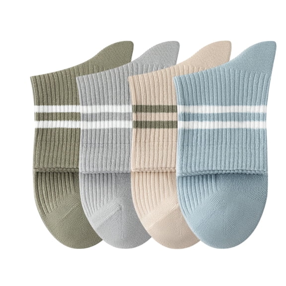 Womens Athletic Crew Socks 4-Pack Ribbed Knit Design Contrast Double Stripe Stretch Comfort Everyday Fit - 4 pcs-B