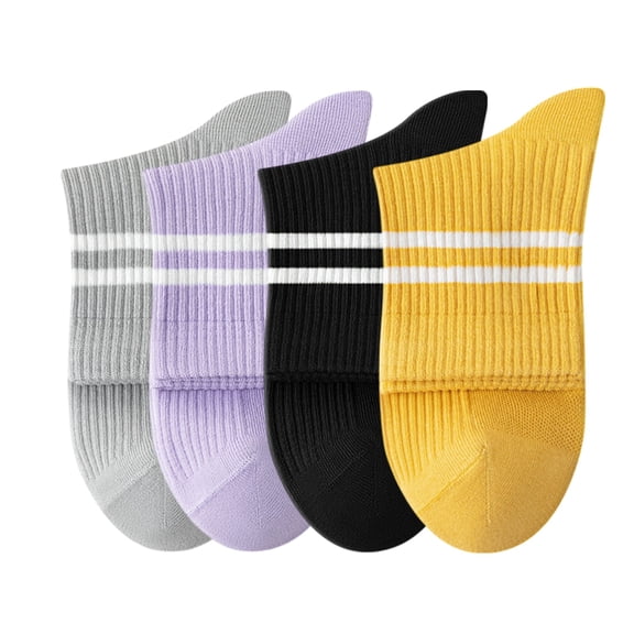 Womens Athletic Crew Socks 4-Pack Ribbed Knit Design Contrast Double Stripe Stretch Comfort Everyday Fit - 4 pcs-D