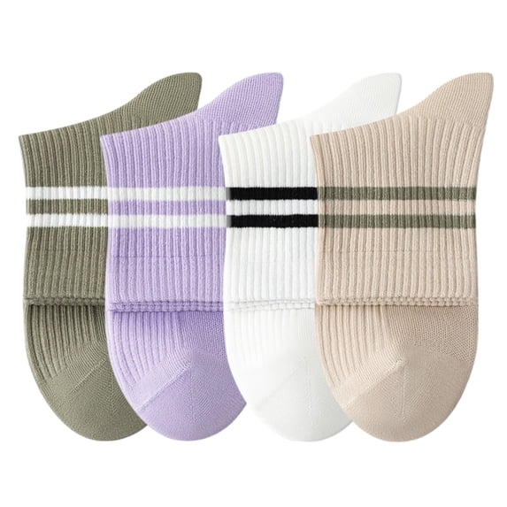 Womens Athletic Crew Socks 4-Pack Ribbed Knit Design Contrast Double Stripe Stretch Comfort Everyday Fit - 4 pcs-G