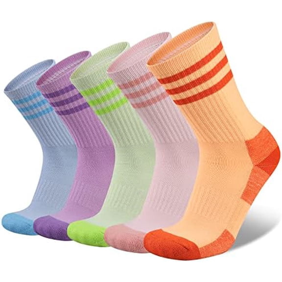 Womens Athletic Crew Socks 5 Pairs Outdoor Recreation Socks Performance Wicking Cushion Mid-Calf Socks