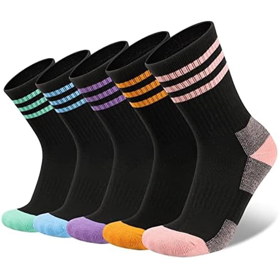 Womens Athletic Crew Socks 5 Pairs Outdoor Recreation Socks Performance Wicking Cushion Mid-Calf Socks
