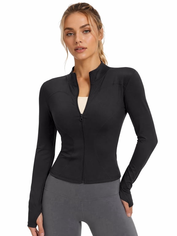 Womens Athletic Jackets Petite Size Zip Up Yoga Workout Jacket Slim Fit Yoga Tops UPF 50+ UV Protection Shirts Long Sleeve Sun Shirt With Thumb Holes Slim Tight Fit
