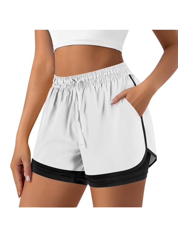 Womens Athletic Running Shorts 2-in-1 Layered Drawstring Elastic Waist Gym Workout Shorts with Pockets White 3XL