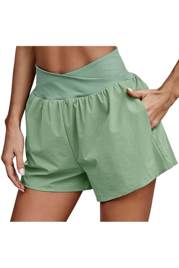 Womens Athletic Shorts Crossover High Waisted Running Shorts Loose Fit Quick-Dry Sport Workout Gym Shorts with Pocket